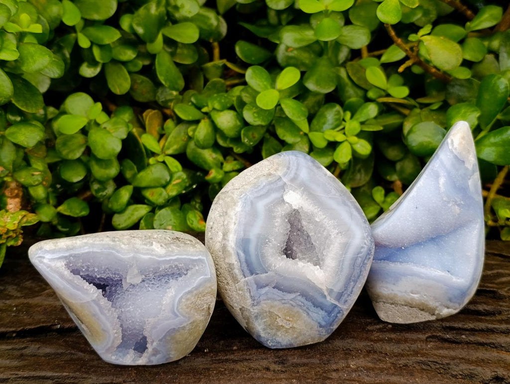 Polished Blue Lace Agate Standing Free Forms x 3 From Nsanje, Malawi - Toprock Gemstones and Minerals 