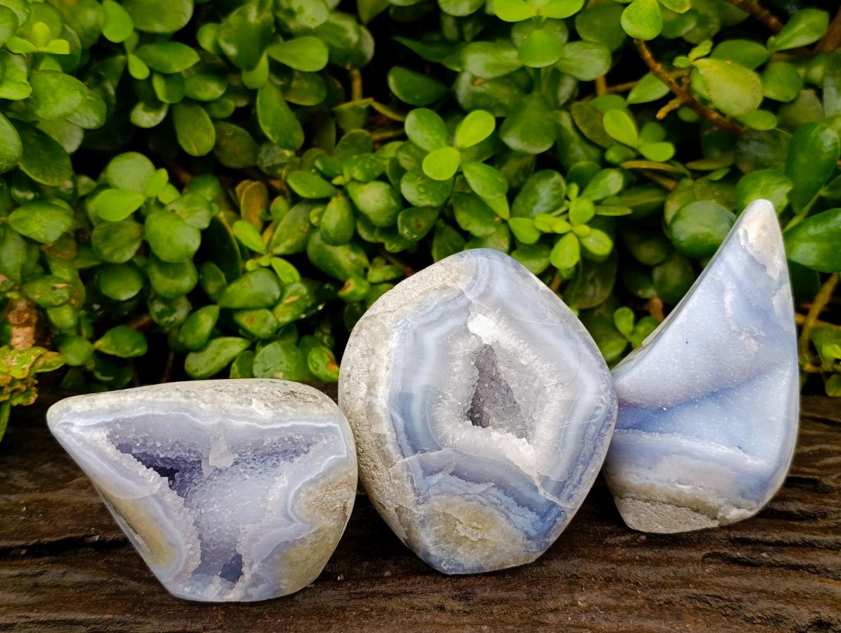 Polished Blue Lace Agate Standing Free Forms x 3 From Nsanje, Malawi - Toprock Gemstones and Minerals 