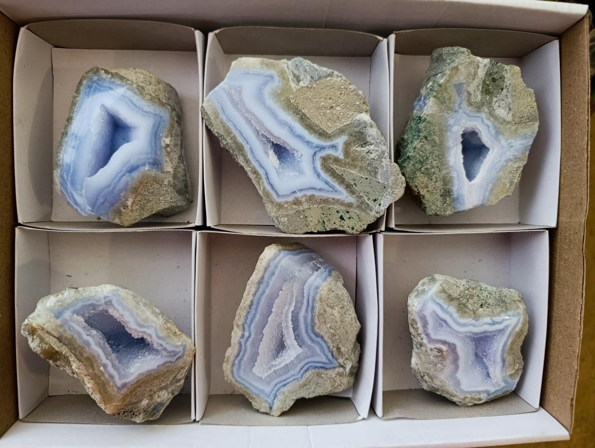 Polished On One Side Blue Lace Agate Geodes x 6 From Nsanje, Malawi