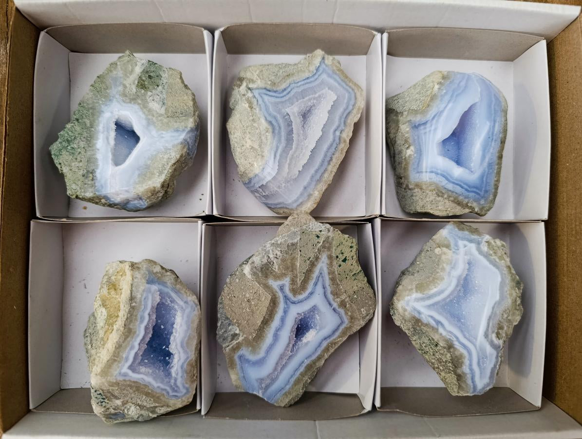 Polished On One Side Blue Lace Agate Geodes x 6 From Nsanje, Malawi - Toprock Gemstones and Minerals 