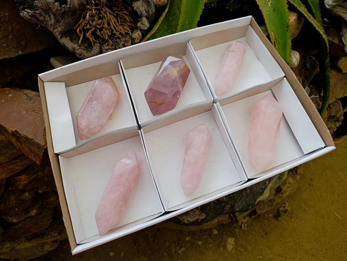 Polished Double Terminated Rose Quartz Crystals x 6 From Madagascar