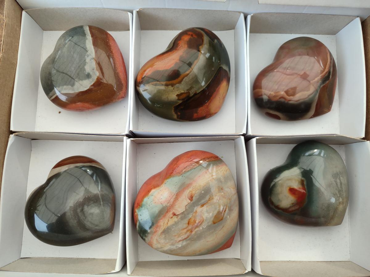 Polished Polychrome Jasper Hearts x 6 From NW Coast, Madagascar