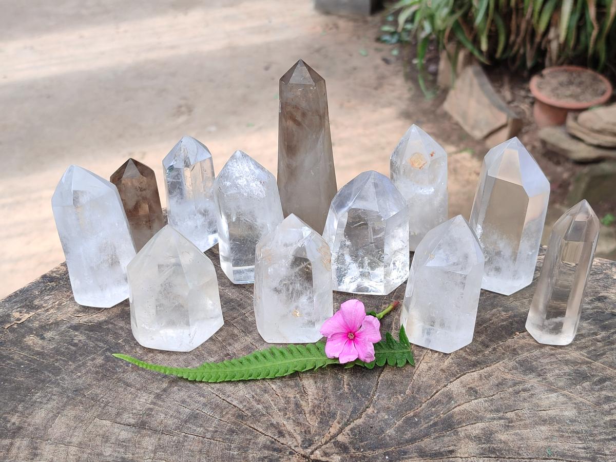 Polished Smokey and Clear Window Quartz Crystals x 12 From Madagascar