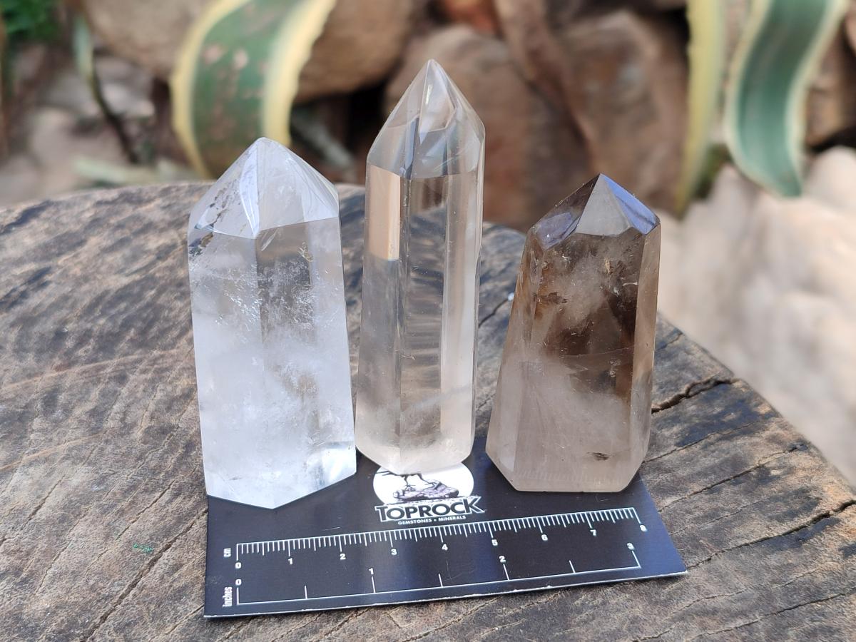 Polished Smokey and Clear Window Quartz Crystals x 12 From Madagascar