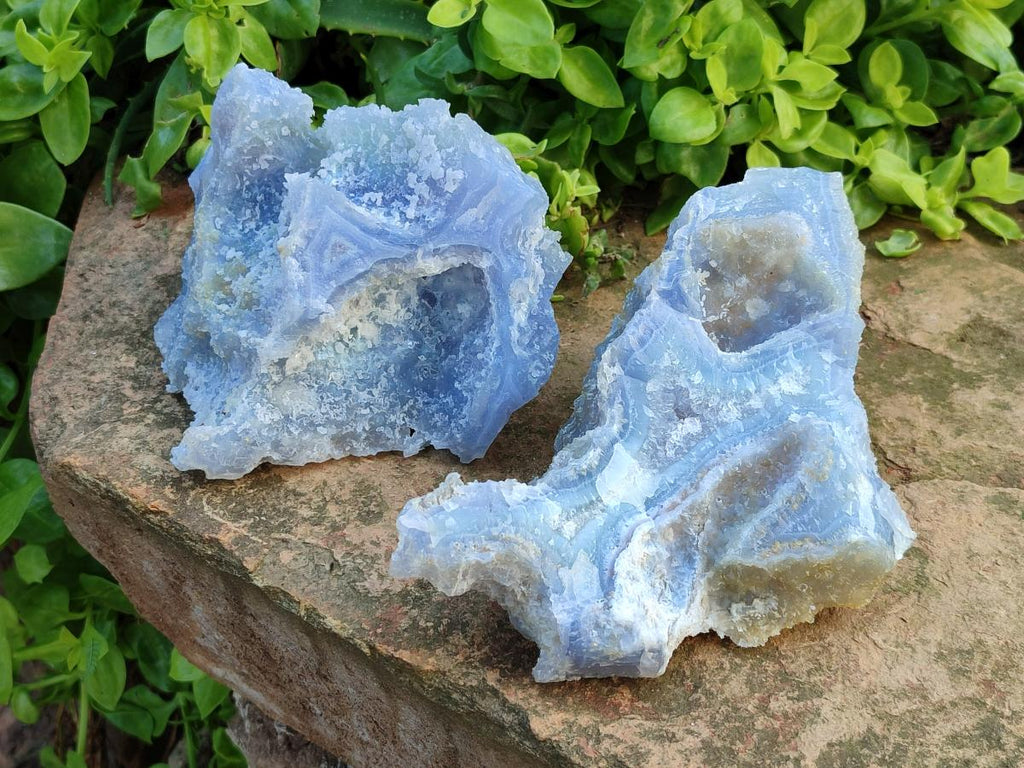 Natural Large Etched Blue Chalcedony Geode Specimens x 2 From Nsanje, Malawi - Toprock Gemstones and Minerals 