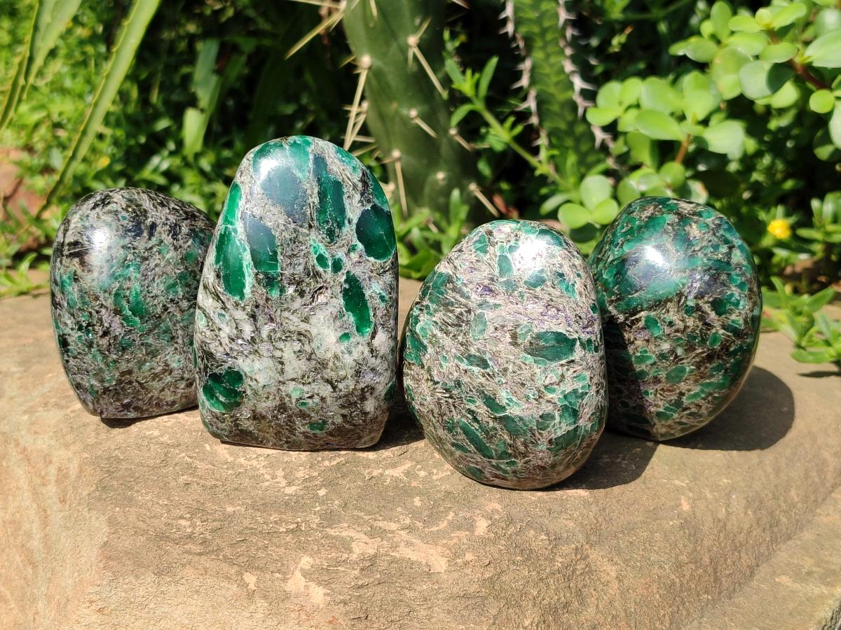 Polished Emerald Mica 'Mutokolite' Standing Free Forms x 4 From Mutoko, Zimbabwe
