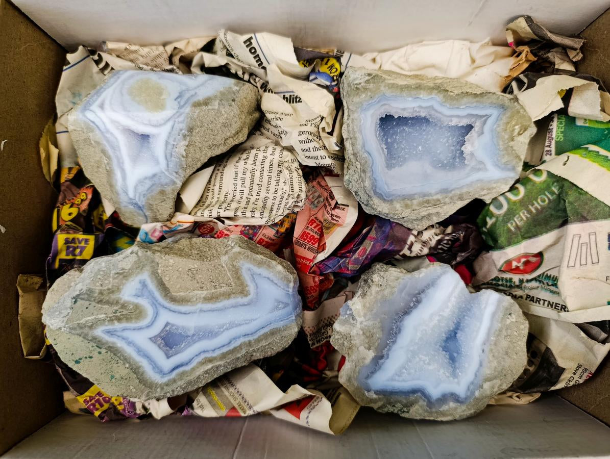Polished On One Side Blue Lace Agate Geodes x 4 From Nsanje, Malawi