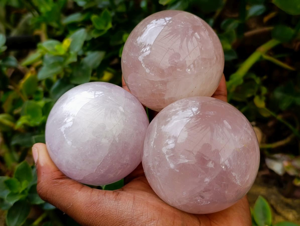 Polished Gemmy Rose Quartz Spheres x 3 From Madagascar - Toprock Gemstones and Minerals 
