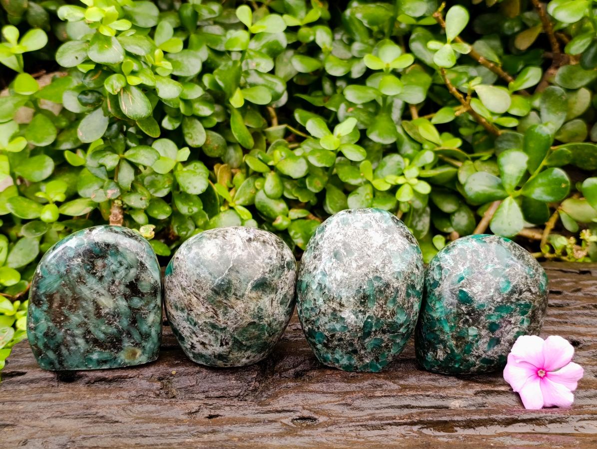 Polished Emerald Mica 'Mutokolite' Standing Free Forms x 4 From Mutoko, Zimbabwe