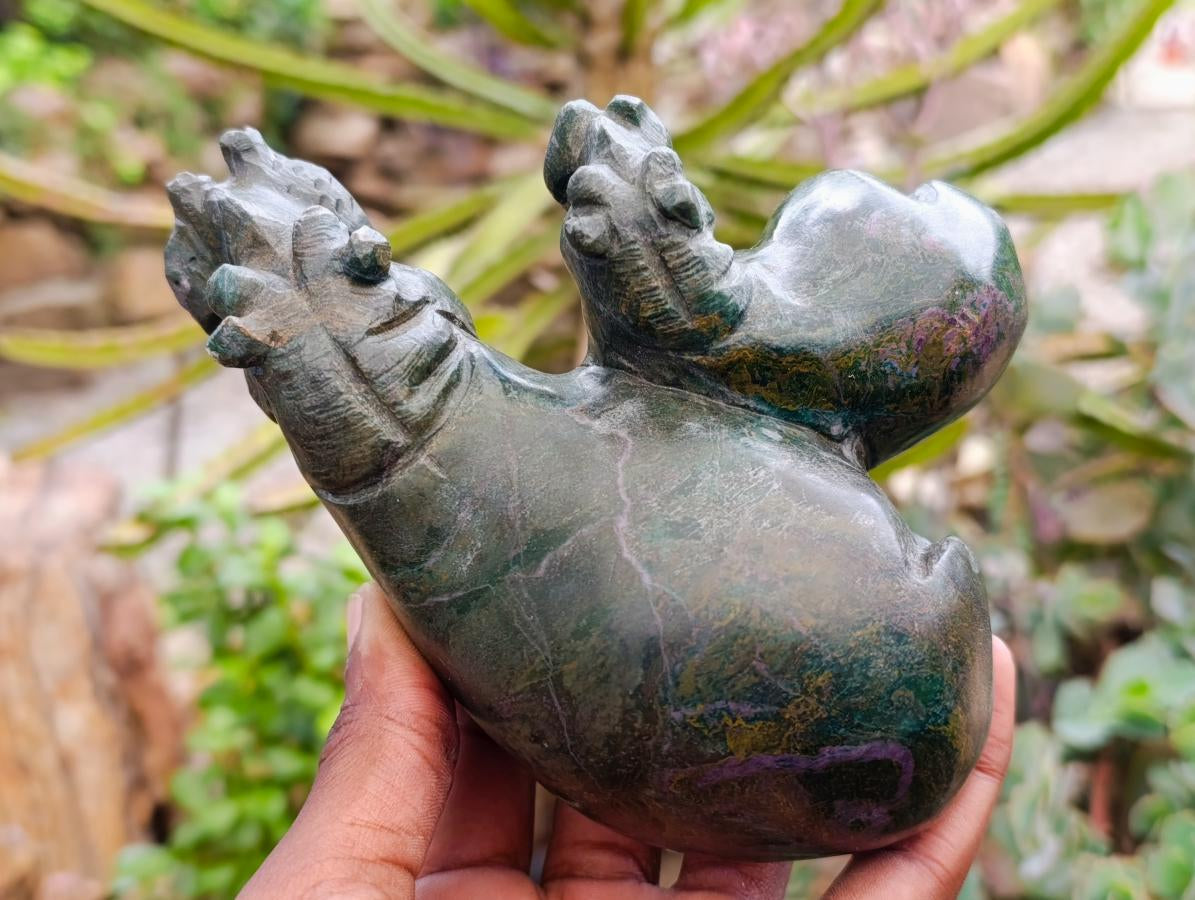 Hand Made Verdite Hippos Carvings x 2 From Zimbabwe - Toprock Gemstones and Minerals 