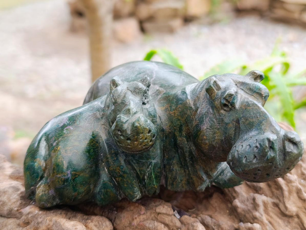 Hand Made Verdite Hippos Carvings x 2 From Zimbabwe - Toprock Gemstones and Minerals 