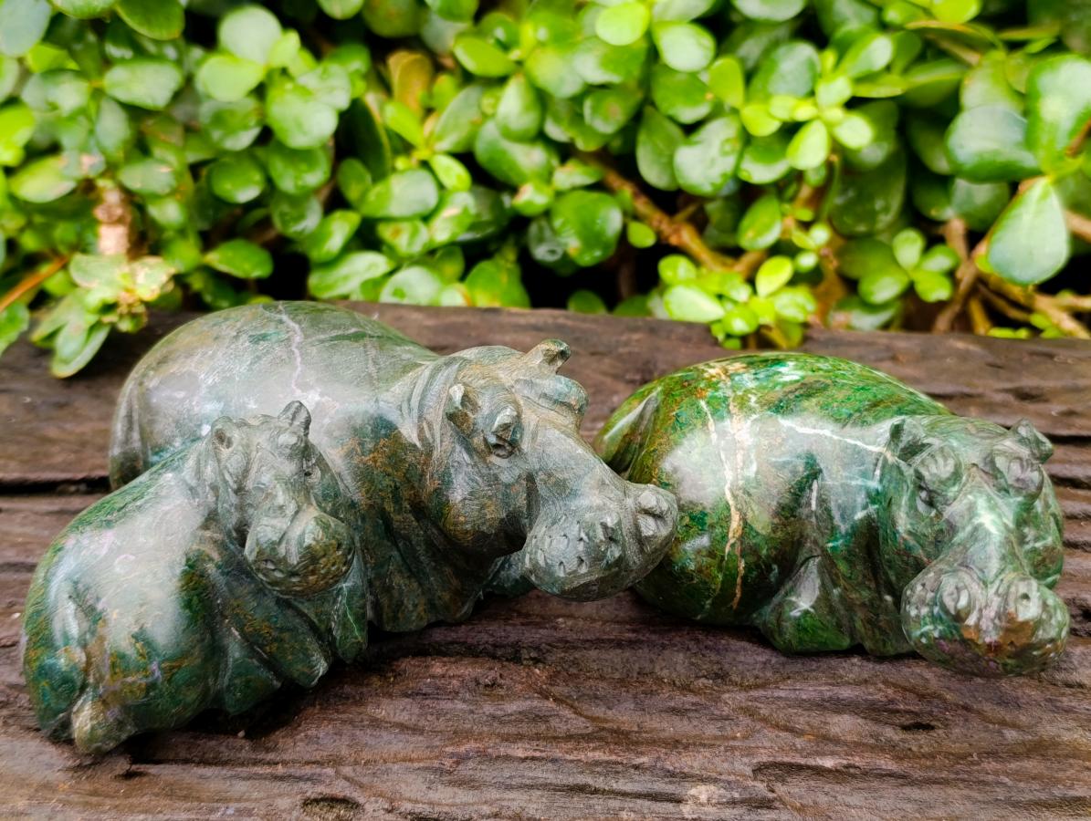Hand Made Verdite Hippos Carvings x 2 From Zimbabwe - Toprock Gemstones and Minerals 