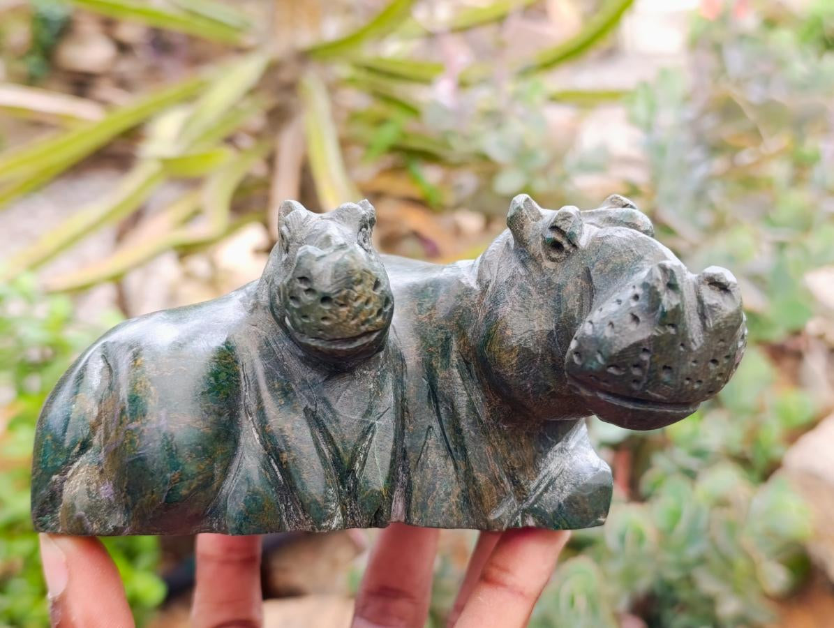 Hand Made Verdite Hippos Carvings x 2 From Zimbabwe - Toprock Gemstones and Minerals 