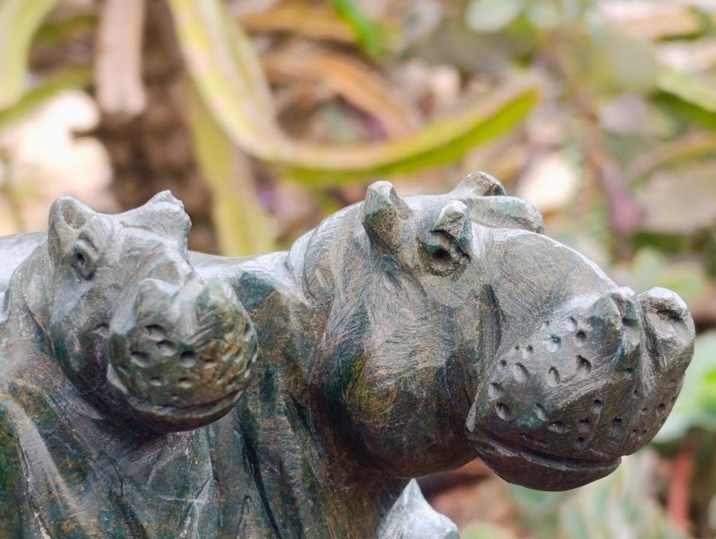 Hand Made Verdite Hippos Carvings x 2 From Zimbabwe - Toprock Gemstones and Minerals 