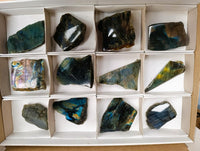 Polished On One Side Labradorite Slices x 12 From Tulear, Madagascar
