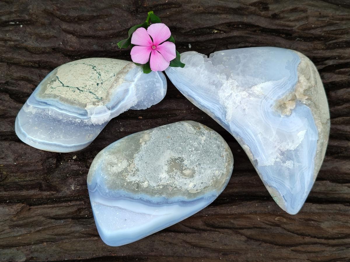 Polished Blue Lace Agate Free Forms x 3 From Nsanje, Malawi