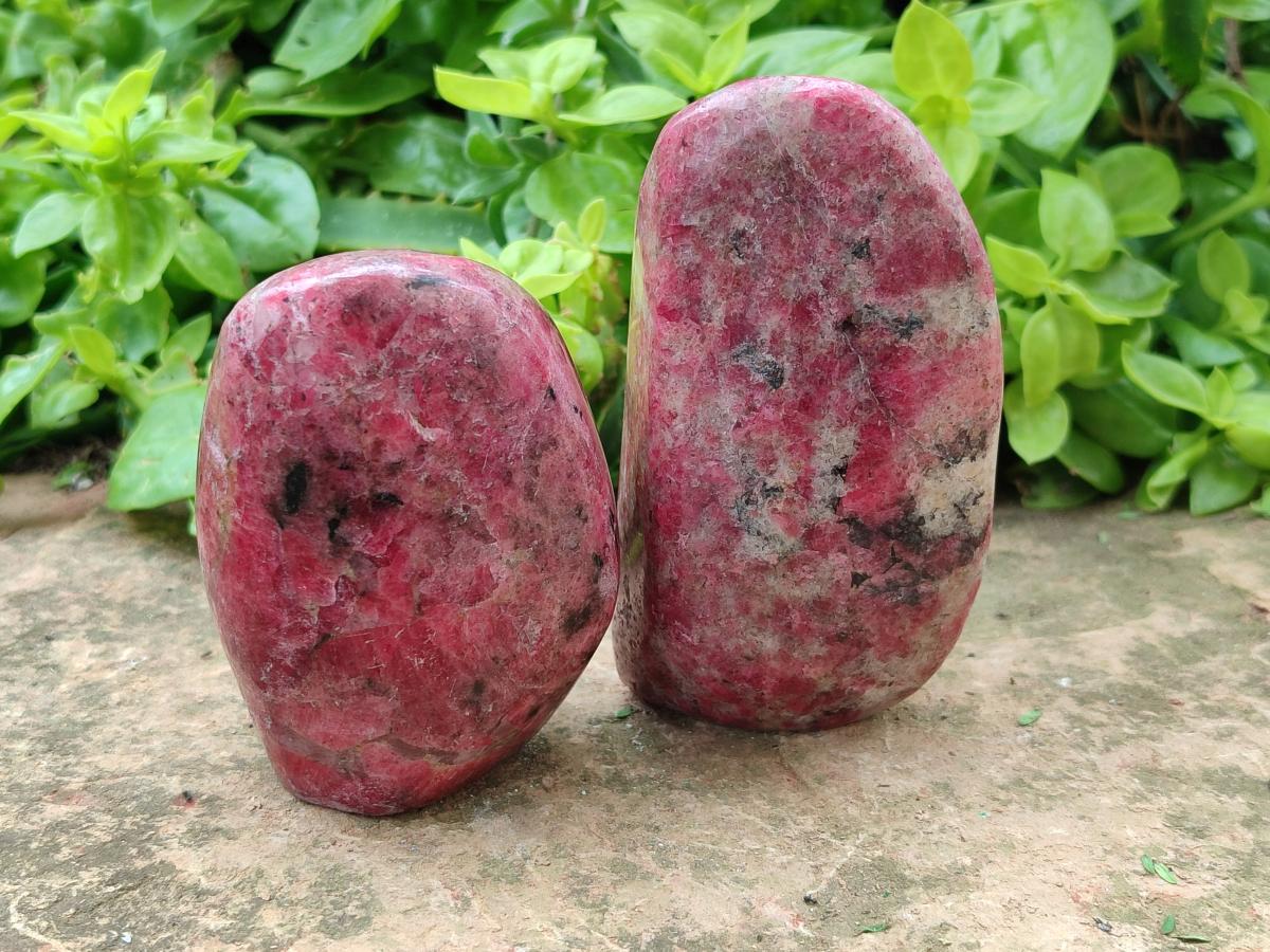 Polished Rhodonite Standing and Free Forms x 3 From Rhusinga, Zimbabwe