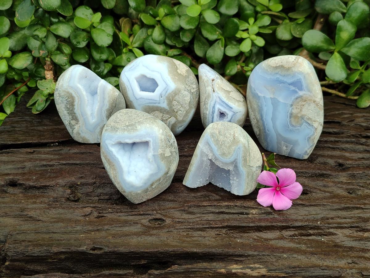 Polished Blue Lace Agate Standing Free Forms x 6 From Nsanje, Malawi - Toprock Gemstones and Minerals 