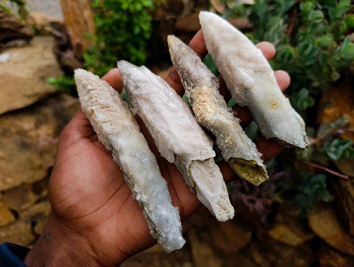 Natural Drusy Quartz Coated Spearhead Calcite Specimens x 12 From Albert's Mountain, Lesotho