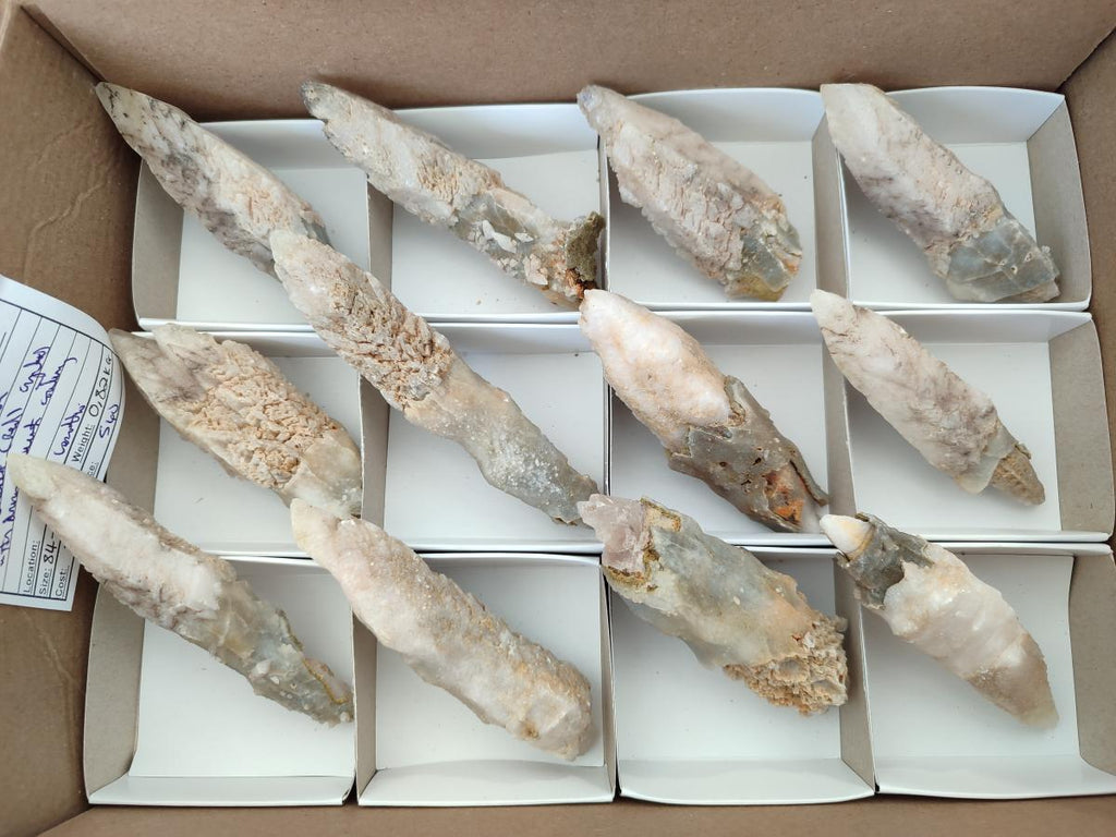 Natural Drusy Quartz Coated Spearhead Calcite Specimens x 12 From Albert's Mountain, Lesotho