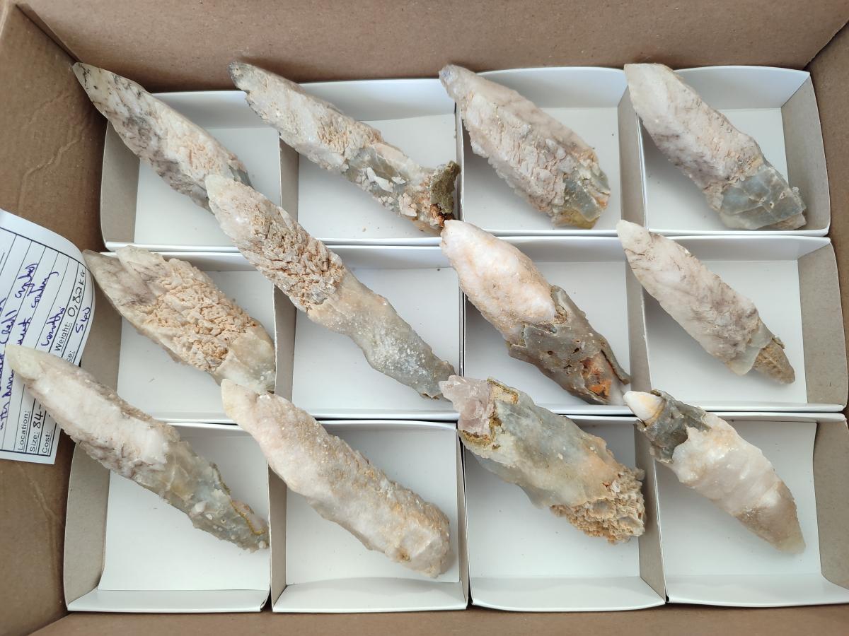 Natural Drusy Quartz Coated Spearhead Calcite Specimens x 12 From Albert's Mountain, Lesotho