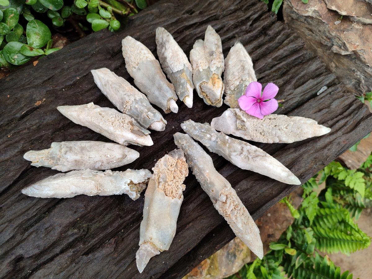 Natural Drusy Quartz Coated Spearhead Calcite Specimens x 12 From Albert's Mountain, Lesotho