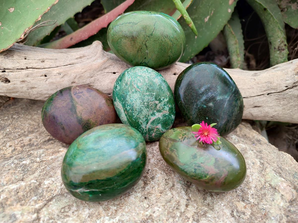 Polished Large Verdite Palm Stones x 6 From Zimbabwe