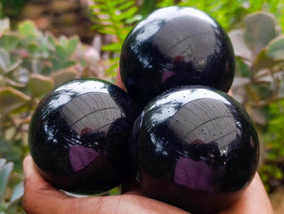 Polished Black Tourmaline Spheres x 3 From Madagascar