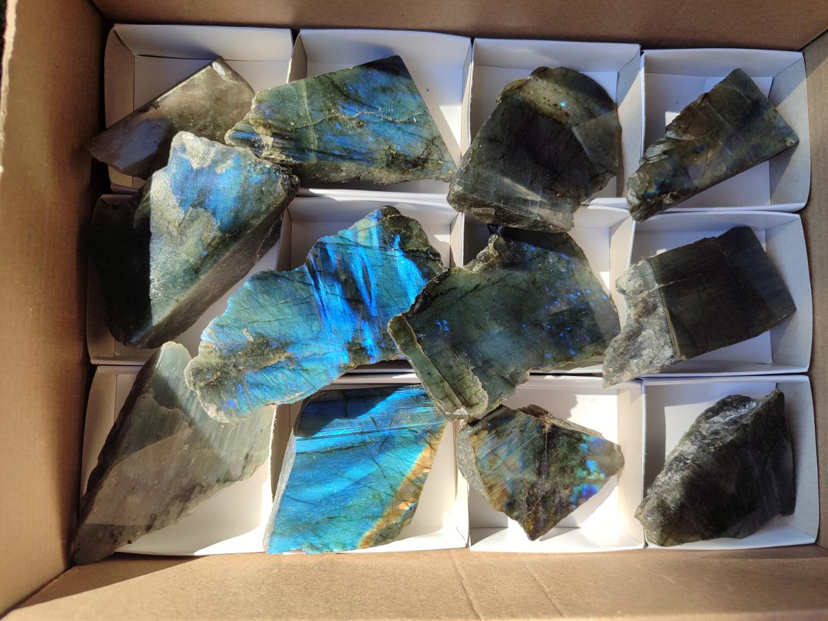 Polished On One Side Labradorite Slices x 12 From Tulear, Madagascar
