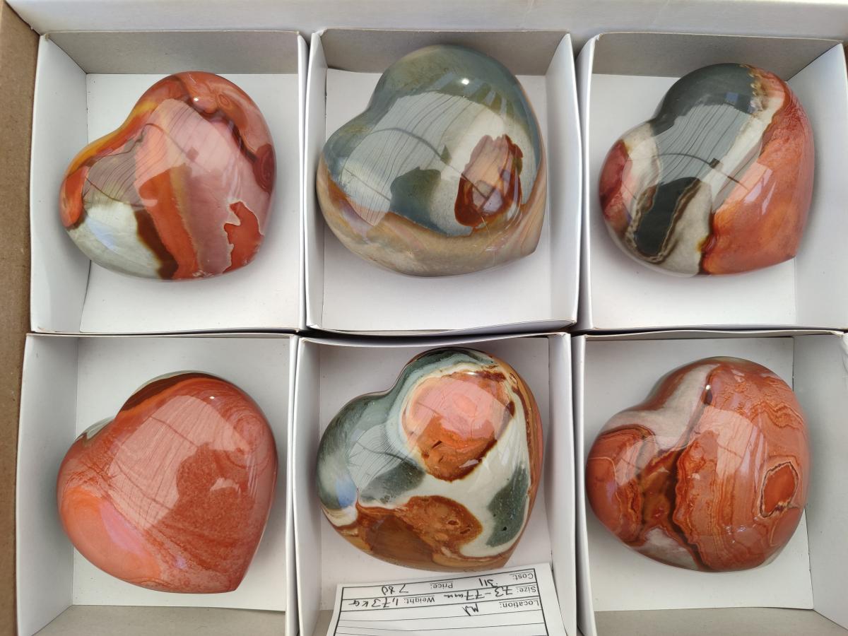 Polished Large Polychrome Jasper Hearts x 6 From NW Coast, Madagascar