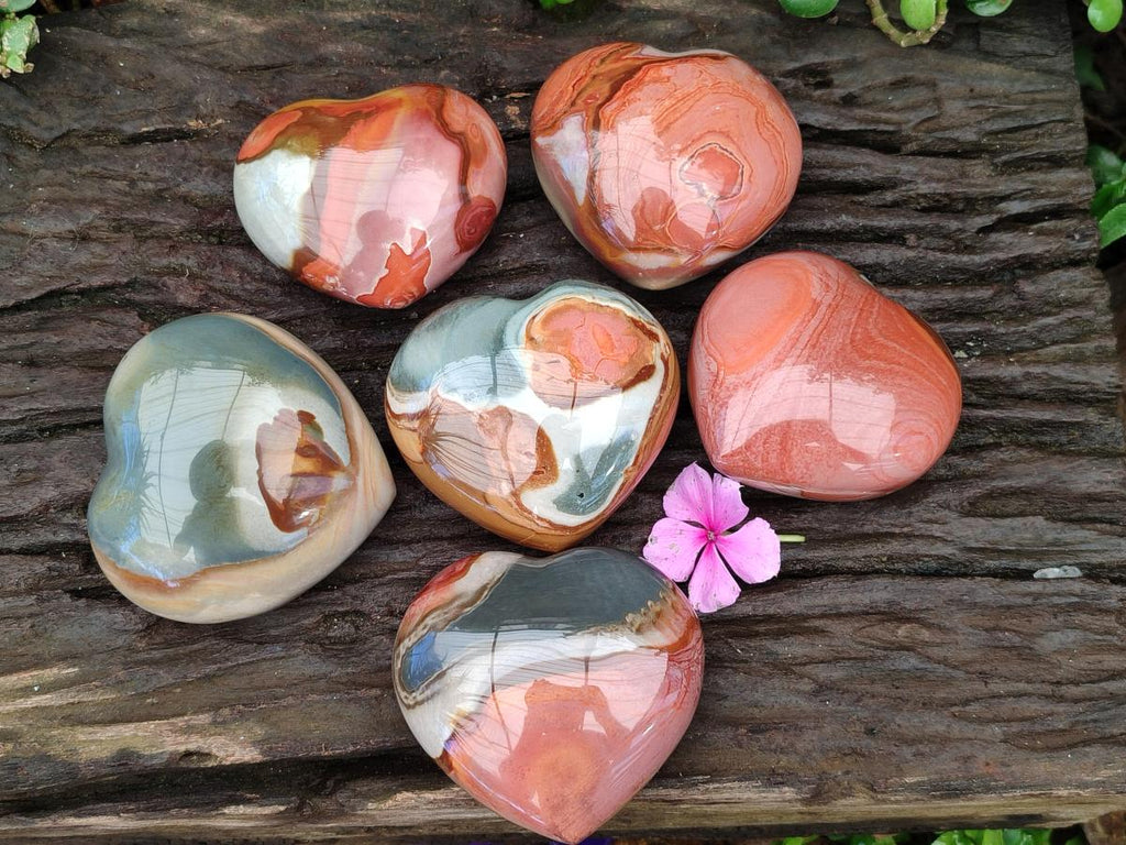 Polished Large Polychrome Jasper Hearts x 6 From NW Coast, Madagascar