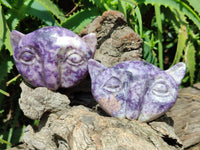 Hand Made Purple Lepidolite Cat Face Carvings x 4 From Nyanga, Zimbabwe
