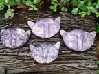 Hand Made Purple Lepidolite Cat Face Carvings x 4 From Nyanga, Zimbabwe