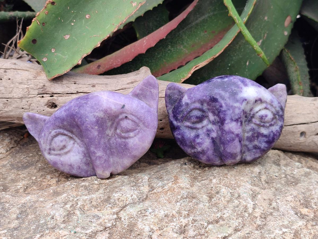 Hand Made Purple Lepidolite Cat Face Carvings x 4 From Nyanga, Zimbabwe
