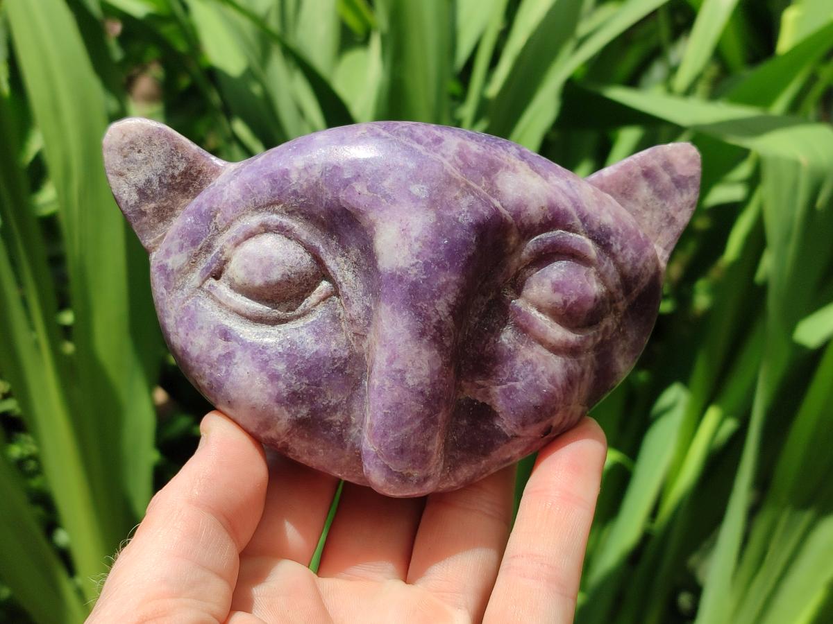 Hand Made Purple Lepidolite Cat Face Carvings x 4 From Nyanga, Zimbabwe