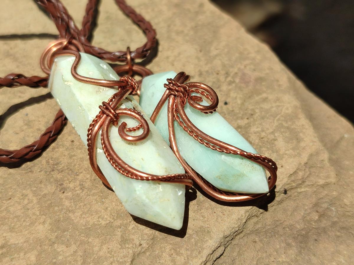 Hand Made Double Terminated Smithsonite Copper Wire Wrapped Stone Pendants -Sold Per Item- From Congo
