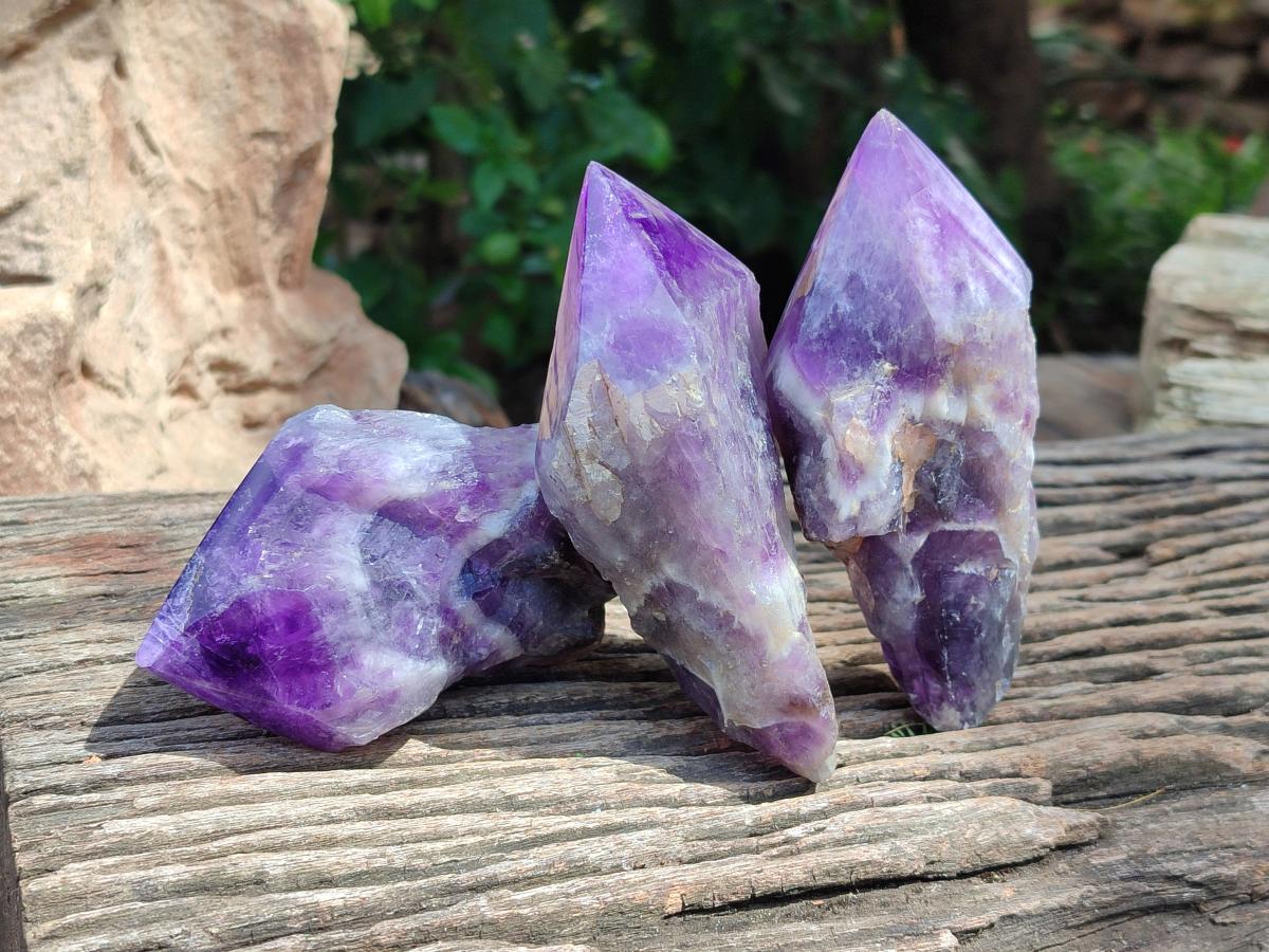 Polished Chevron Amethyst Witches Hat Crystals x 4 From Zambia