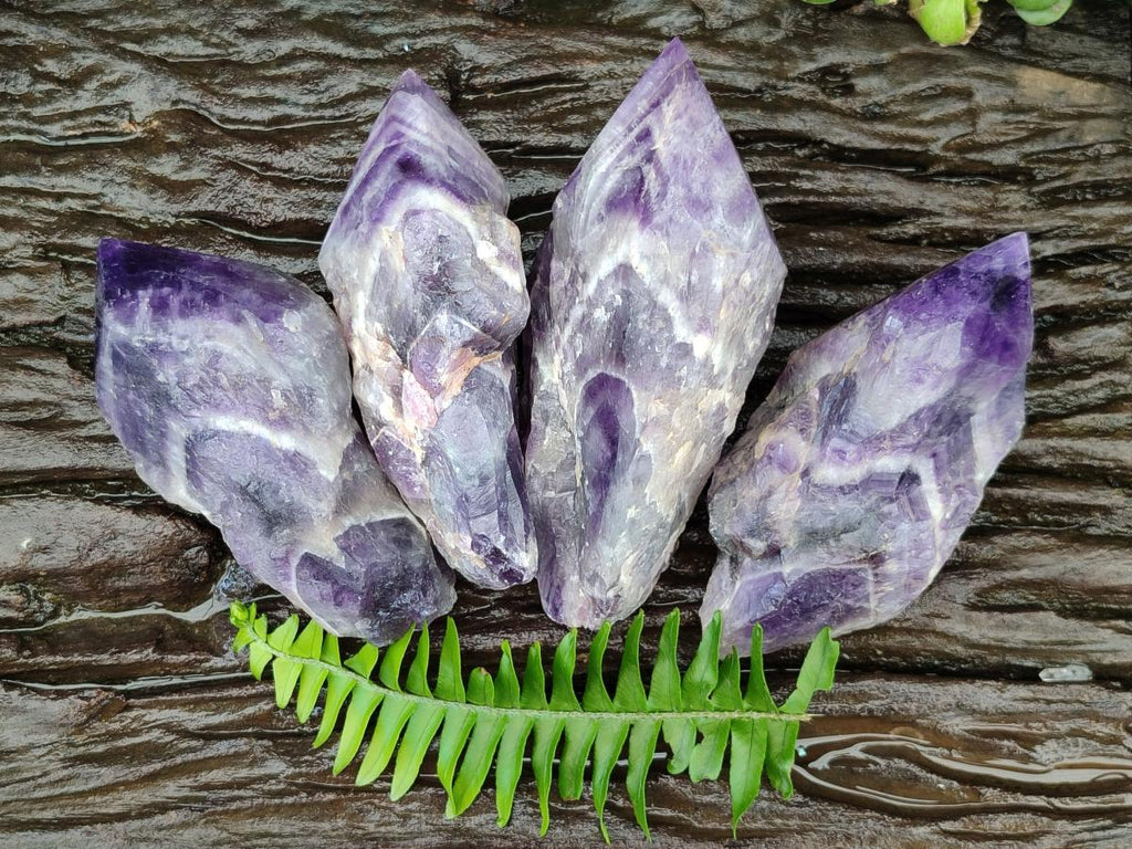 Polished Chevron Amethyst Witches Hat Crystals x 4 From Zambia
