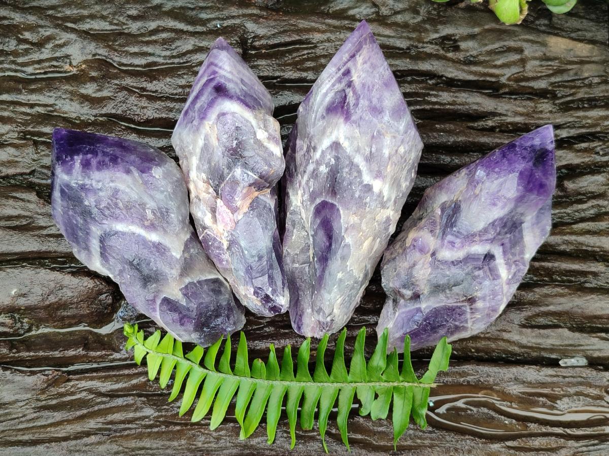 Polished Chevron Amethyst Witches Hat Crystals x 4 From Zambia