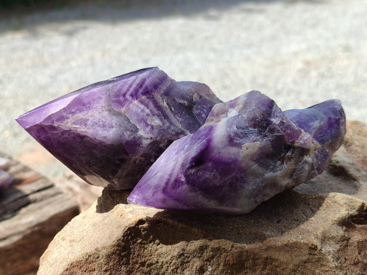 Polished Chevron Amethyst Witches Hat Crystals x 4 From Zambia