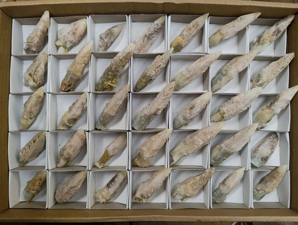 Natural Drusy Quartz Coated Spearhead Calcite Specimens x 35 From Albert's Mountain, Lesotho