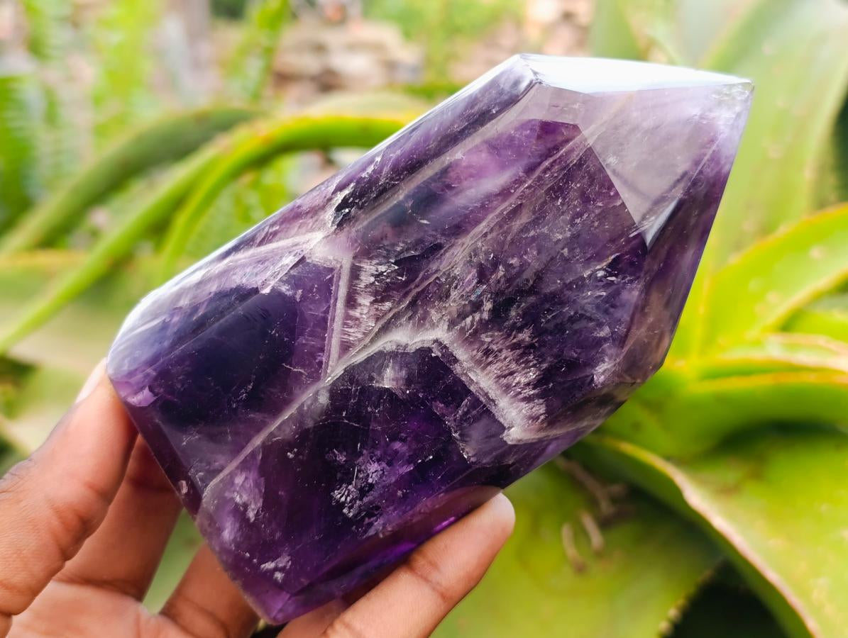 Polished Chevron Amethyst Standing Free Forms x 3 From Zambia