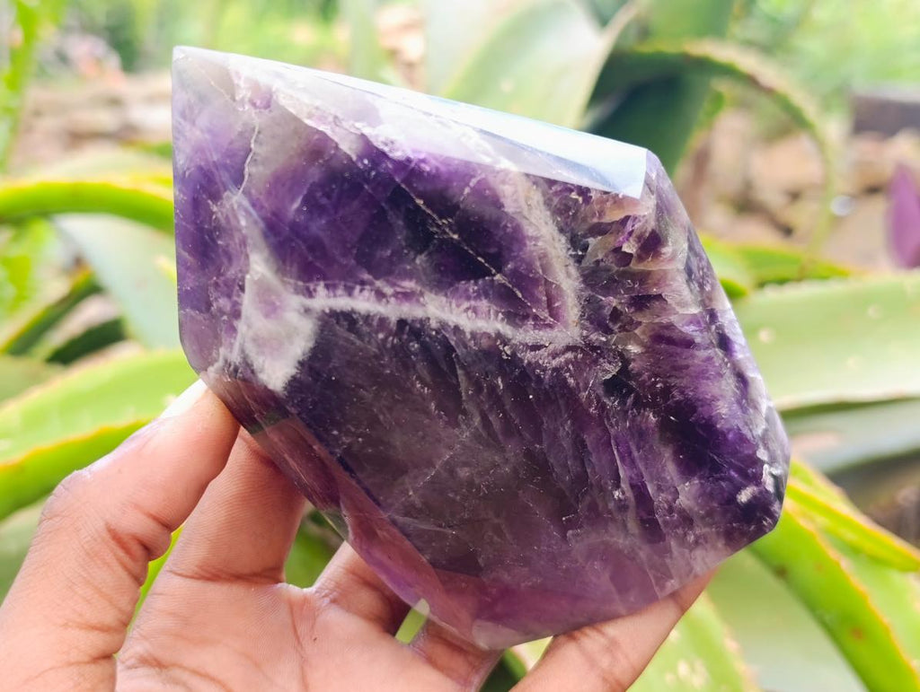 Polished Chevron Amethyst Standing Free Forms x 3 From Zambia - Toprock Gemstones and Minerals 