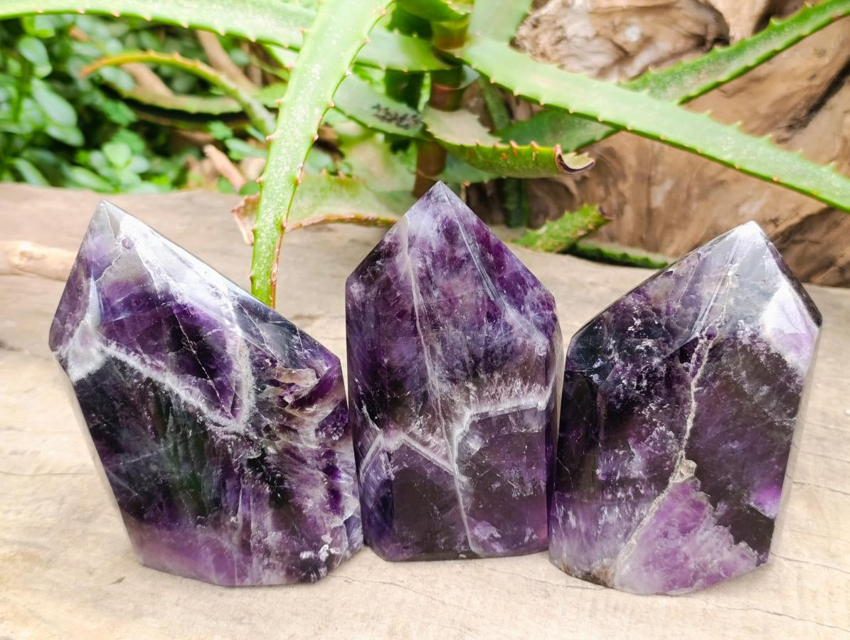 Polished Chevron Amethyst Standing Free Forms x 3 From Zambia - Toprock Gemstones and Minerals 