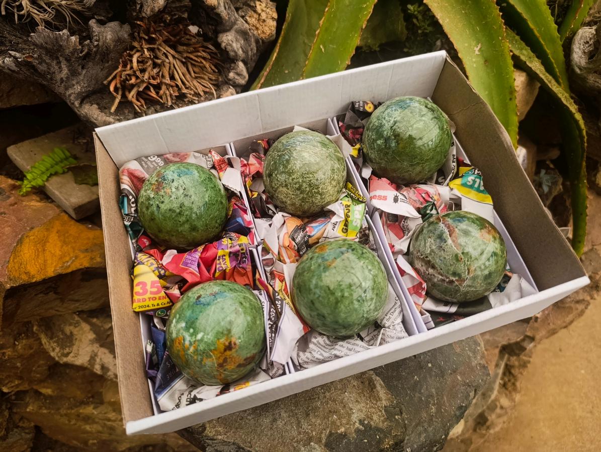 Polished Green Chrysoprase Spheres x 6 From Ambatondrazaka, Madagascar