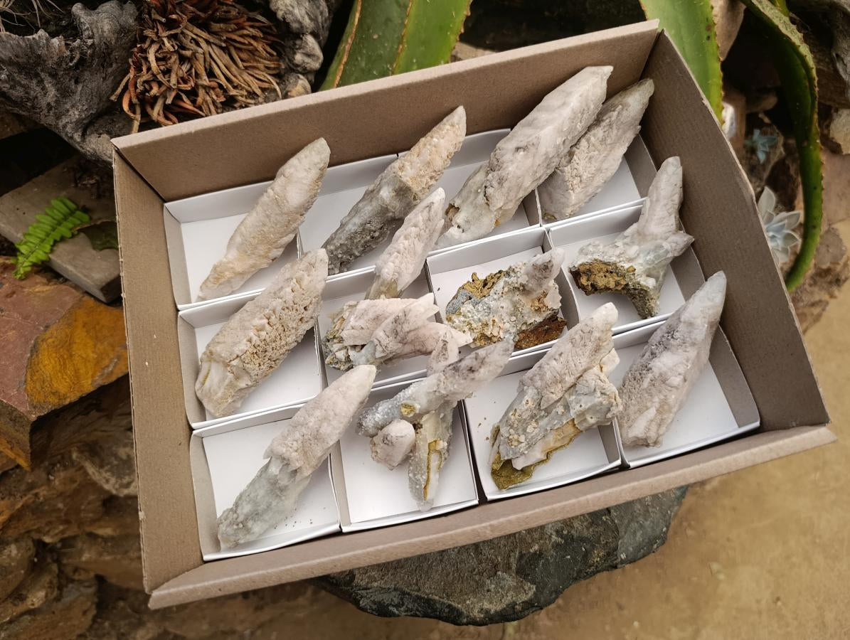 Natural Drusy Quartz Coated Spearhead Calcite Specimens x 12 From Albert's Mountain, Lesotho