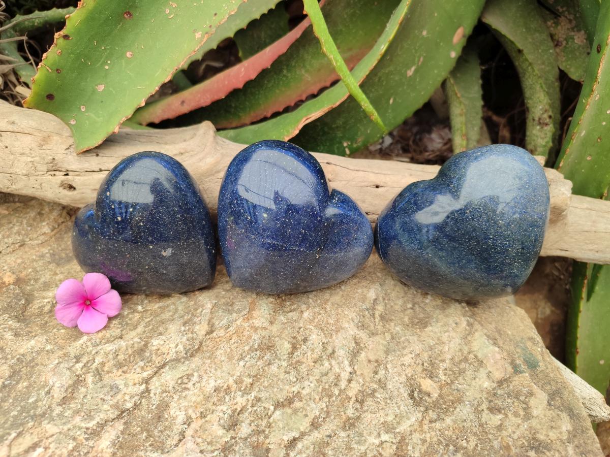 Polished Large Lazulite Gemstone Hearts x 3 From Madagascar
