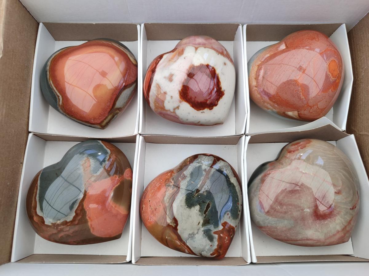 Polished Polychrome Jasper Hearts x 6 From NW Coast, Madagascar
