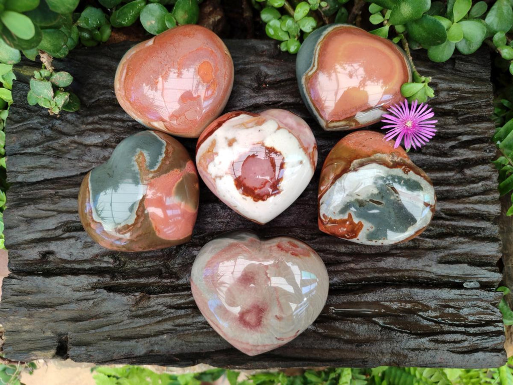 Polished Polychrome Jasper Hearts x 6 From NW Coast, Madagascar