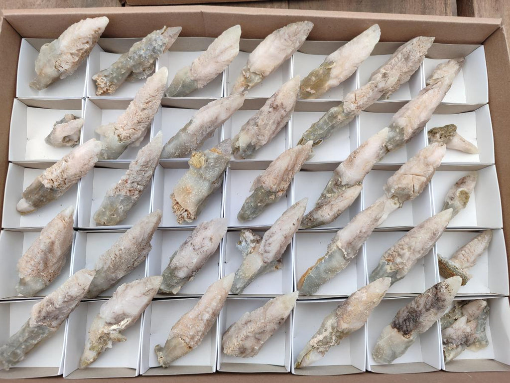 Natural Drusy Quartz Coated Spearhead Calcite Specimens x 35 From Albert's Mountain, Lesotho